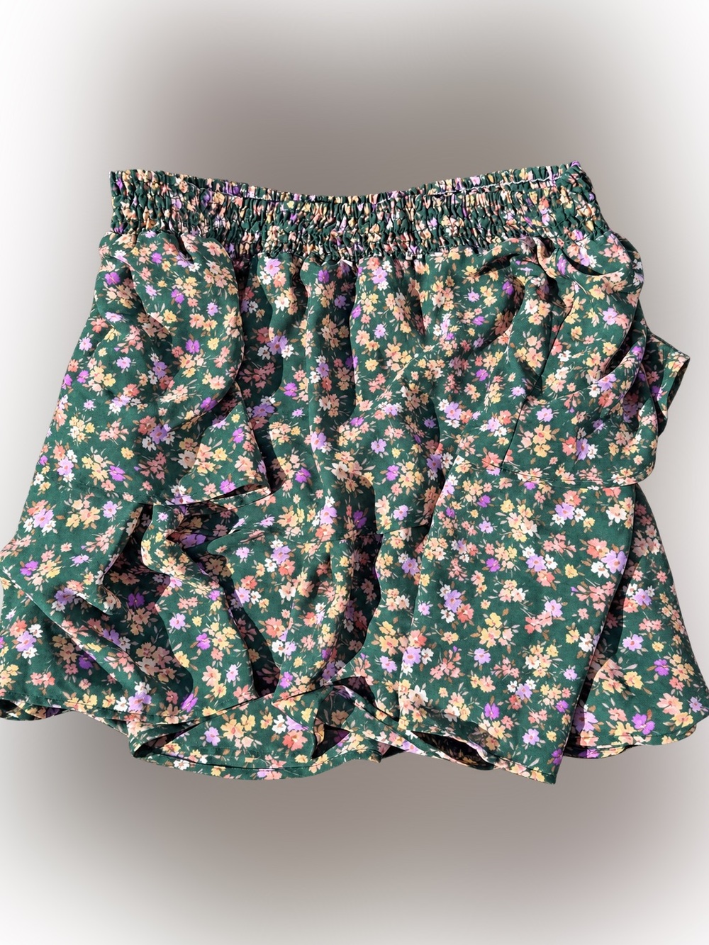 Floral Green Ruffle Mini Skirt with Elastic Waist